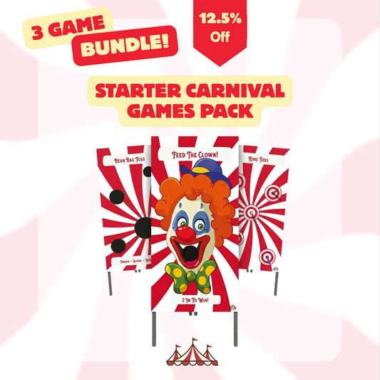 Starter carnival games pack with clown design and promotional text on a white background