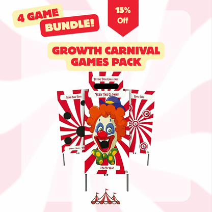 Growth Carnival Games Pack with clown design and game options on a white background