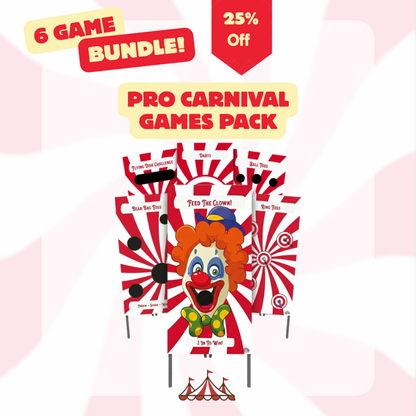 Promotional image of a Pro Carnival Games Pack with clown design and text indicating a 6-game bundle and 25% off.