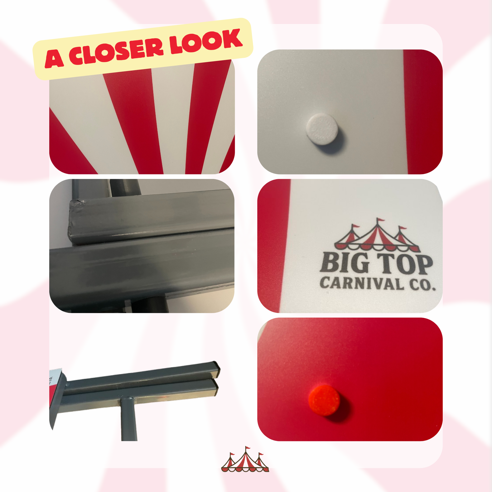 Collage of close-up shots of a product with 'Big Top Carnival Co.' branding on a pink background.