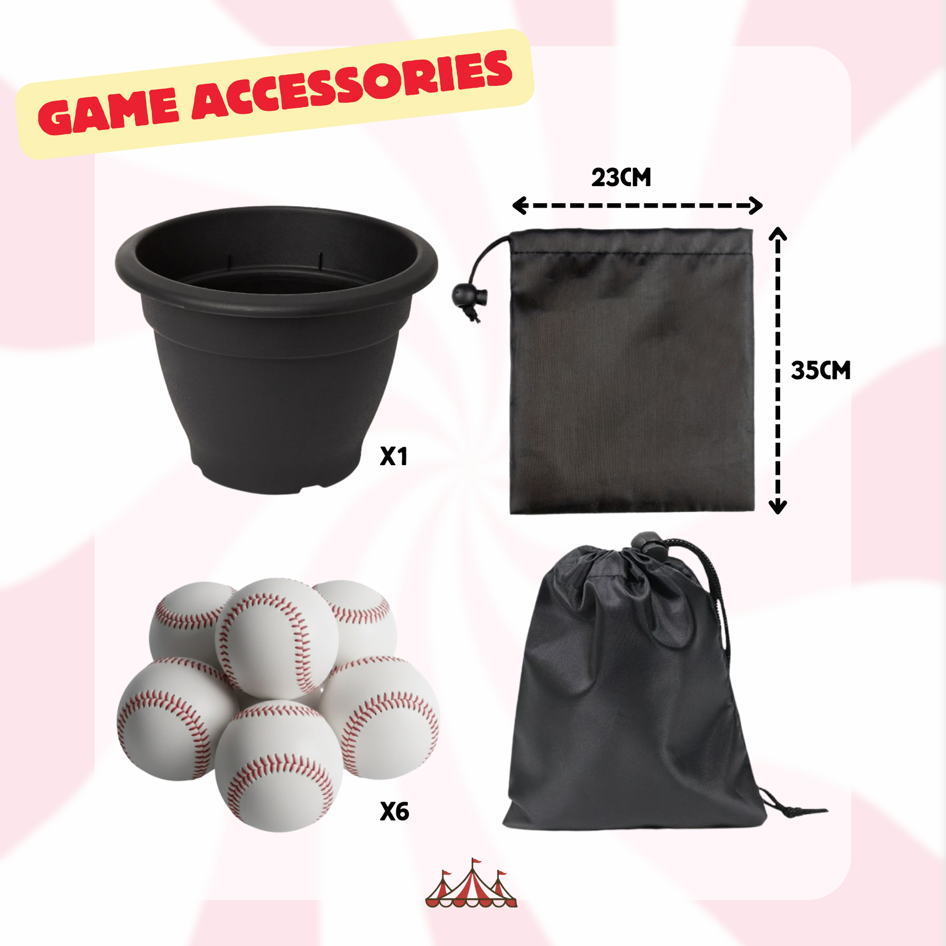 Game accessories including a black pot, six baseballs, and two black bags on a pink background with 'Game Accessories' text.