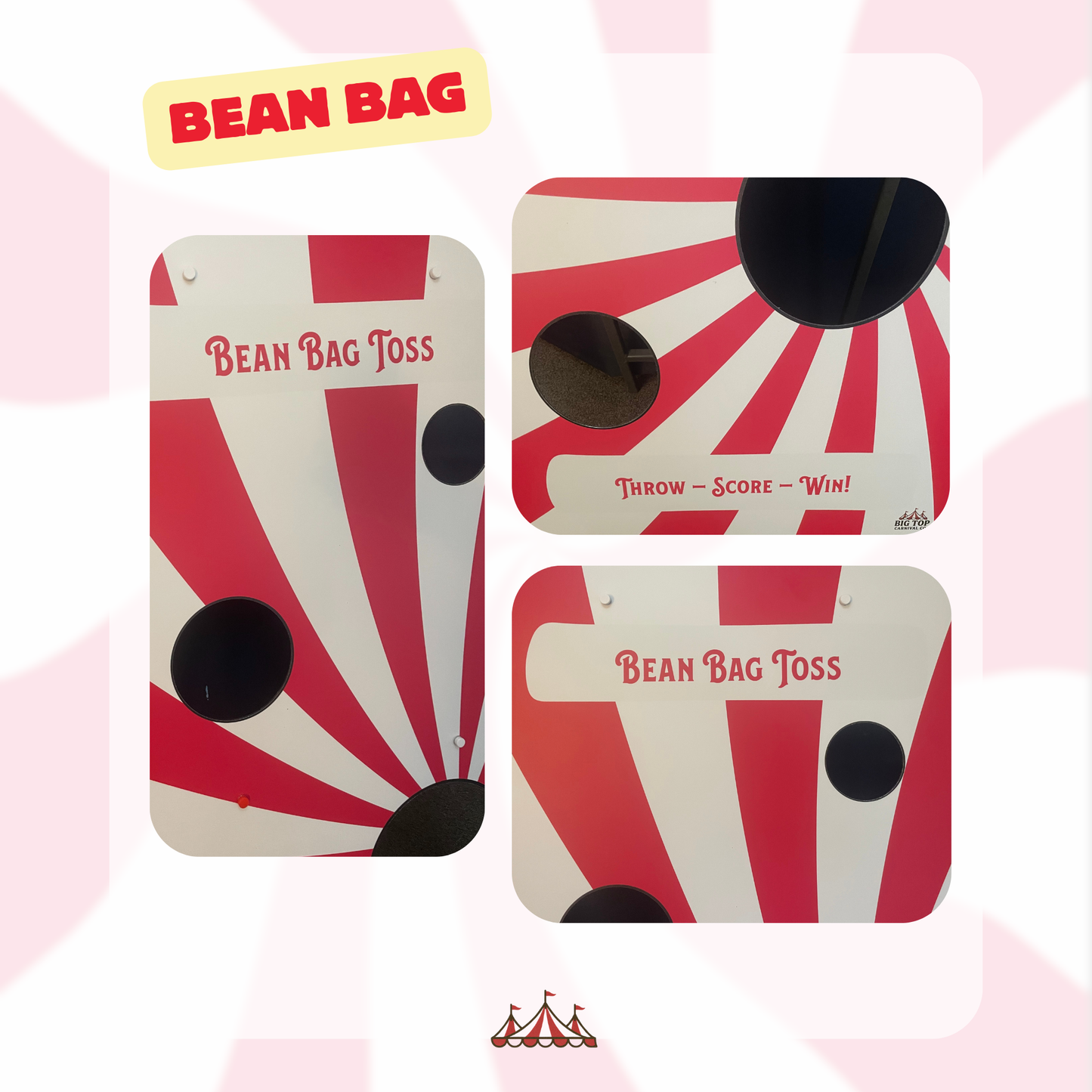 Red and white bean bag toss game boards with black bags on a pink background