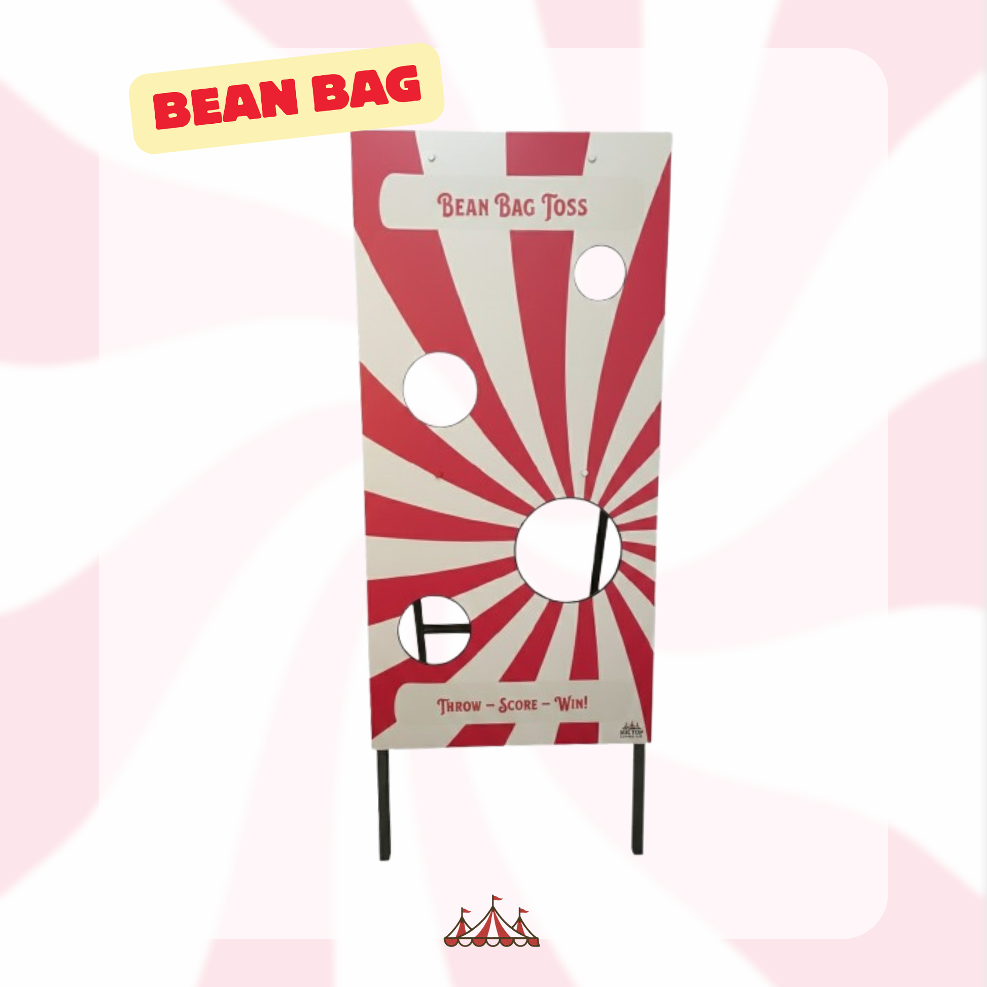 Red and white bean bag toss game target on a pink background