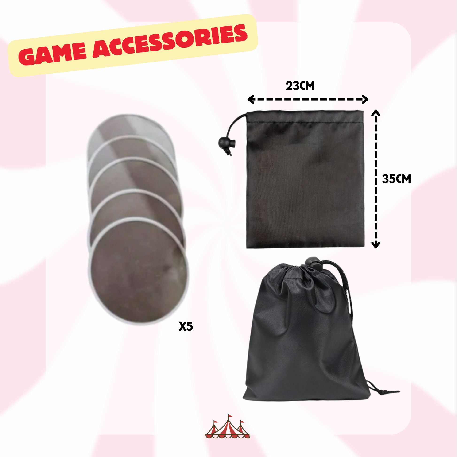 Game accessories including five gray discs and two black drawstring bags on a pink background with measurements.