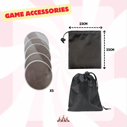 Game accessories including five gray discs and two black drawstring bags on a pink background with measurements.