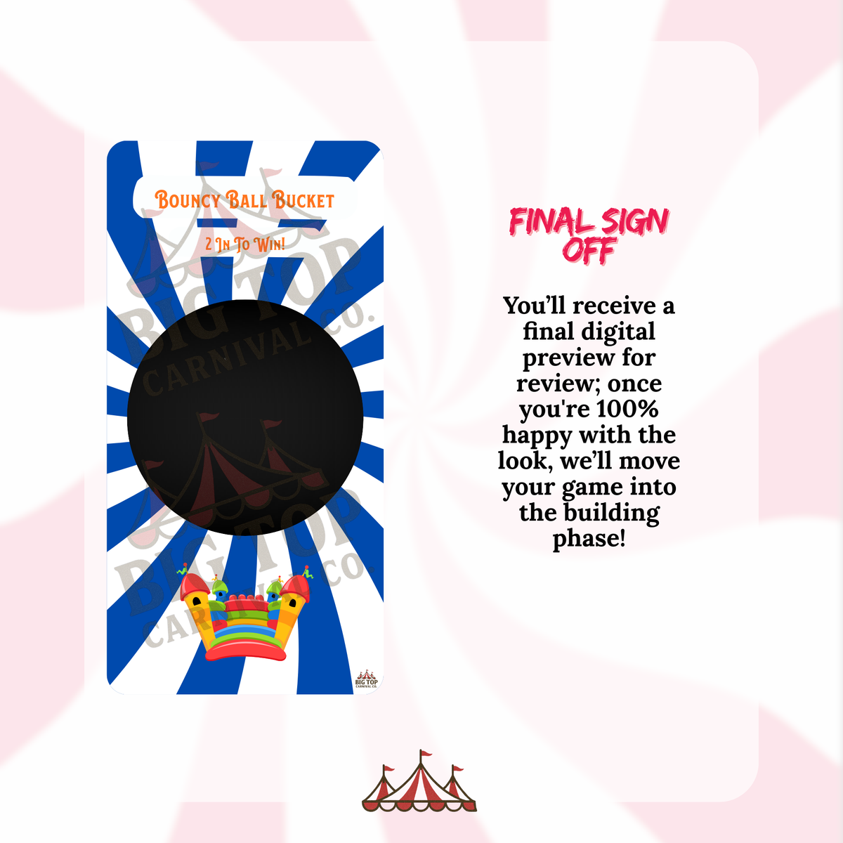 A guide to custom carnival game branding options by Big Top Carnival Co., demonstrating how clients can personalize colors, logos, and text on a Bouncy Ball Bucket game board for corporate events.