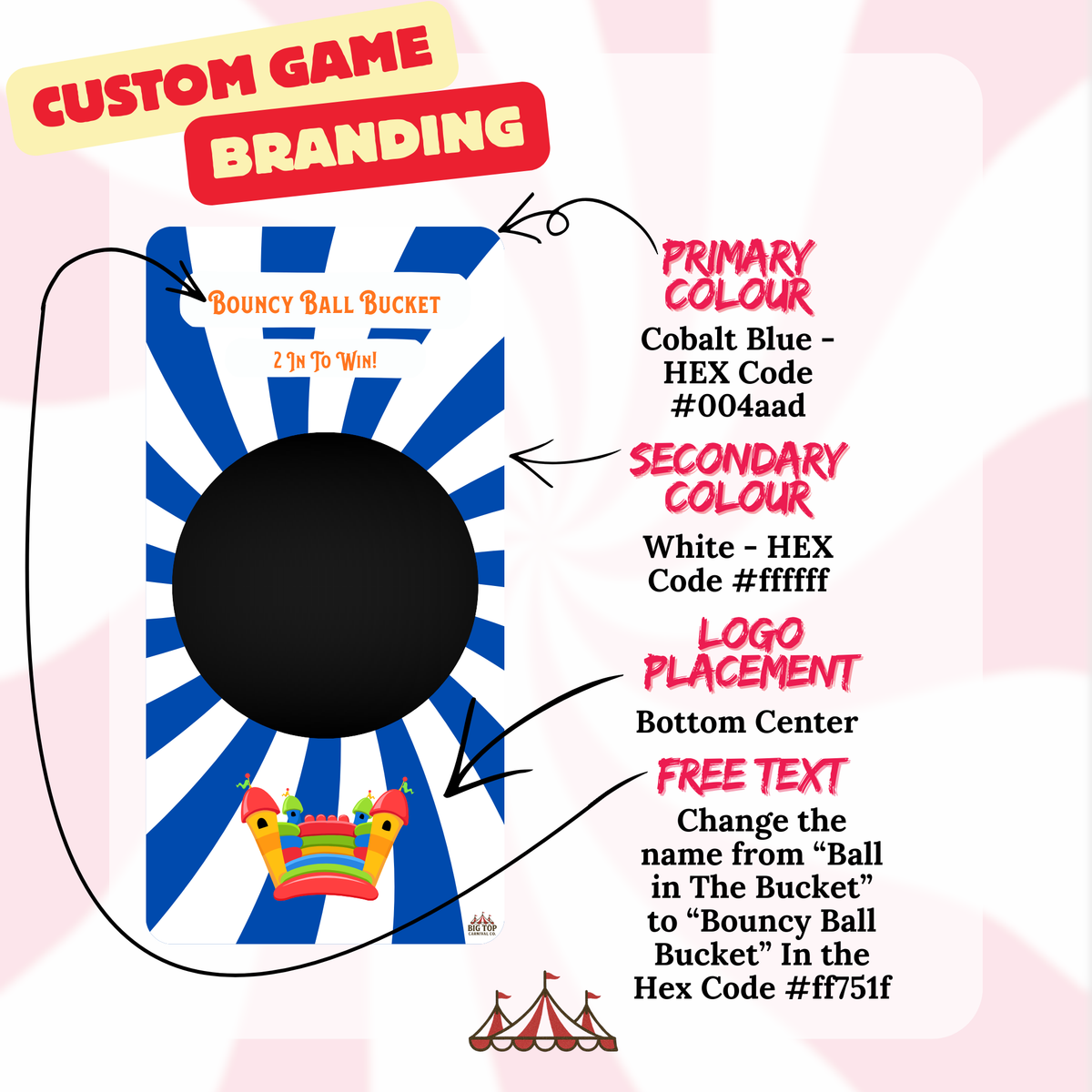 A guide to custom carnival game branding options by Big Top Carnival Co., demonstrating how clients can personalize colors, logos, and text on a Bouncy Ball Bucket game board for corporate events.