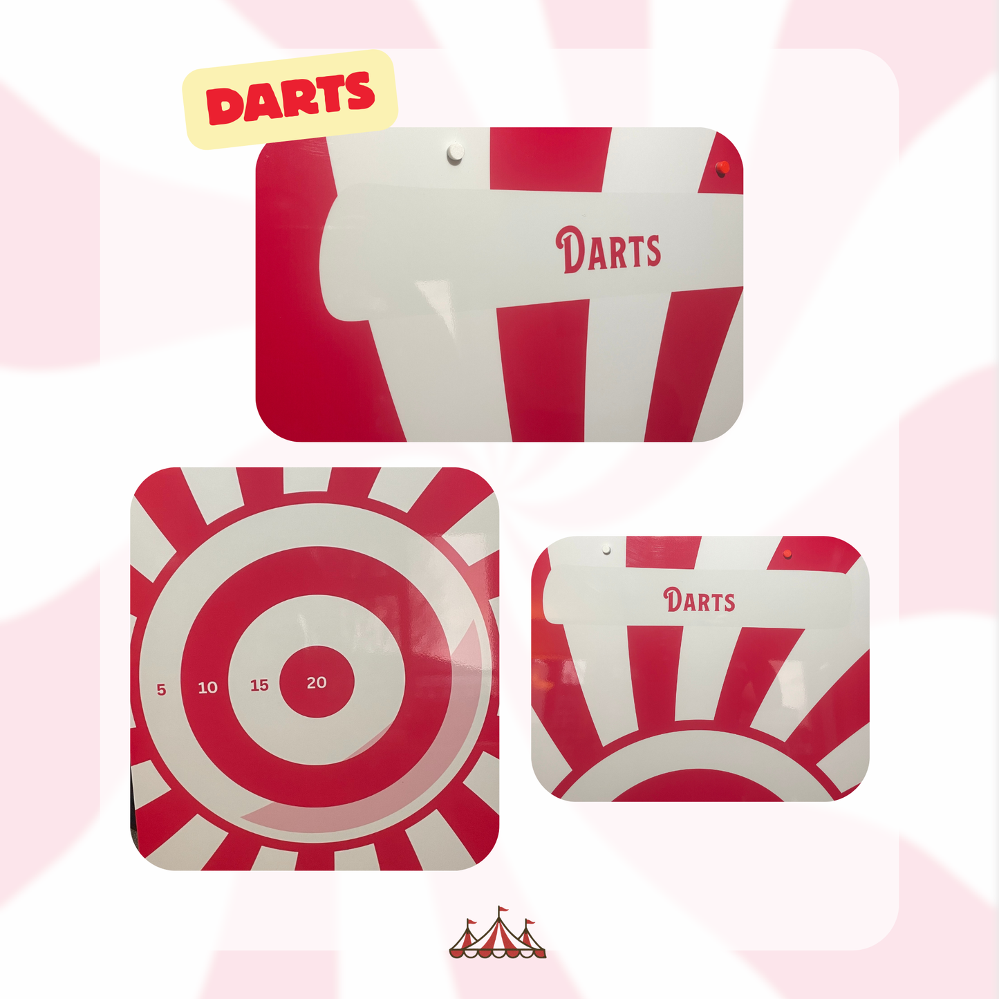 Red and white dartboard designs on a pink background with 'Darts' branding.