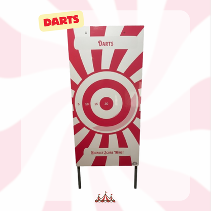 Red and white target with 'Darts' branding on a pink checkered background