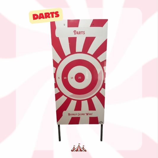 Red and white target with 'Darts' branding on a pink checkered background