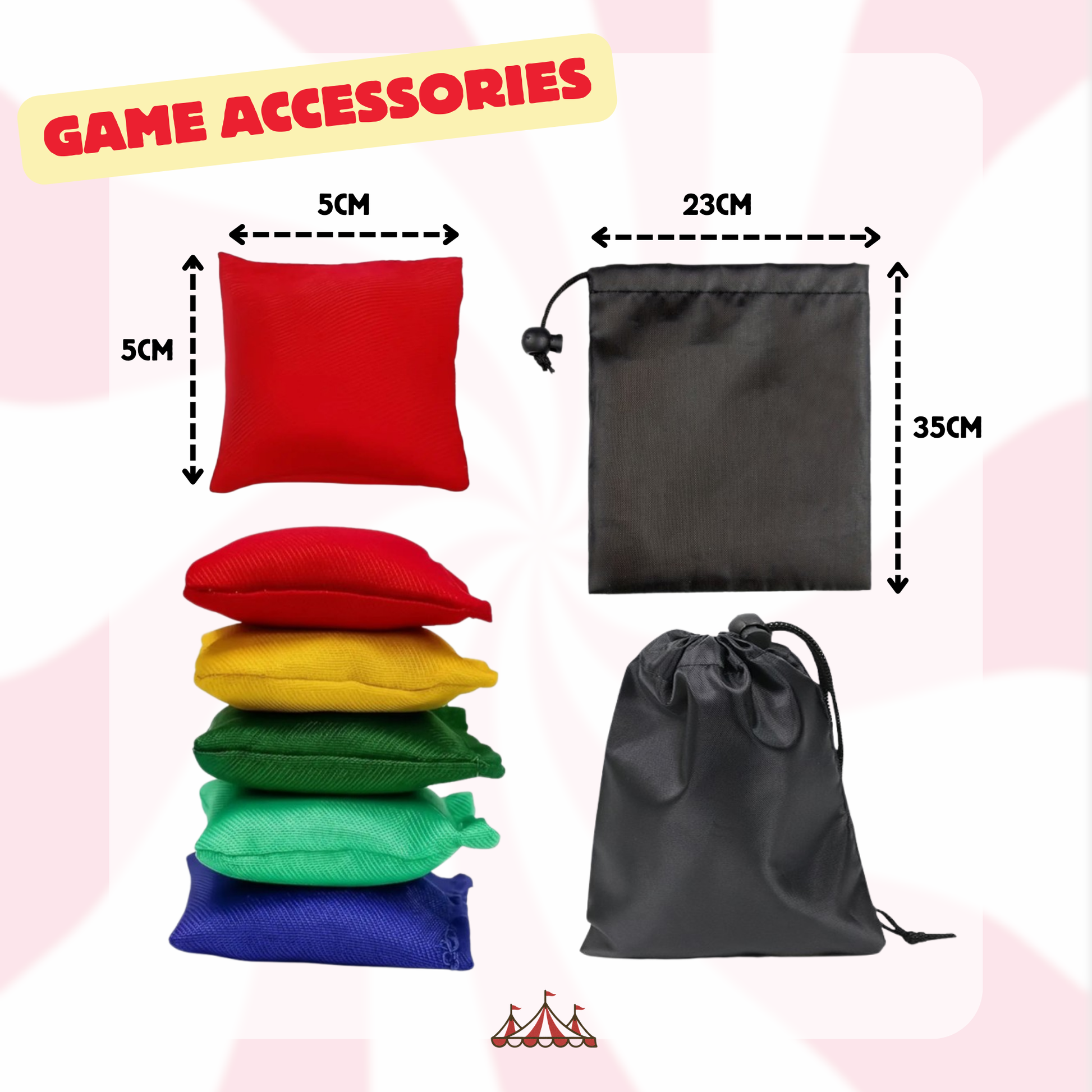 Game accessories including red bags and a black drawstring bag with measurements on a pink background.