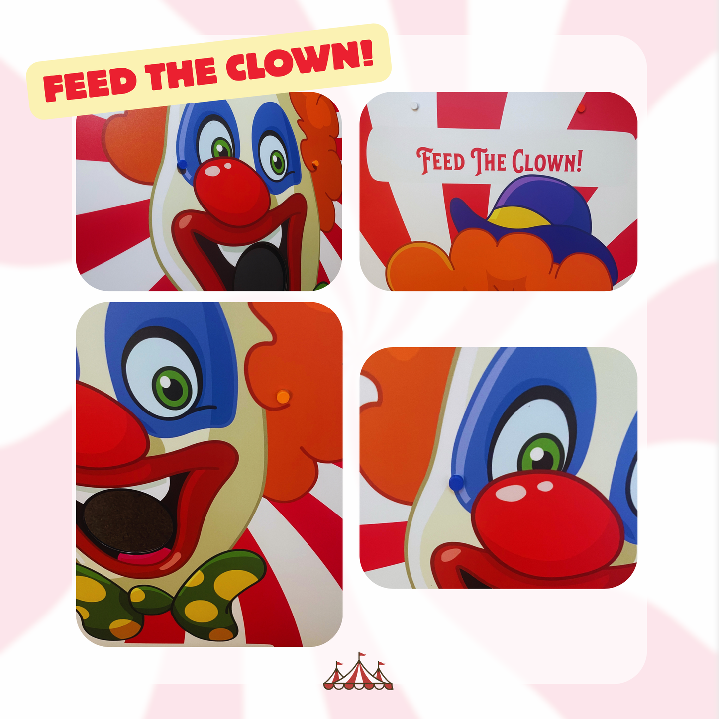 Colorful clown-themed plates with 'Feed the Clown!' text on a pink background