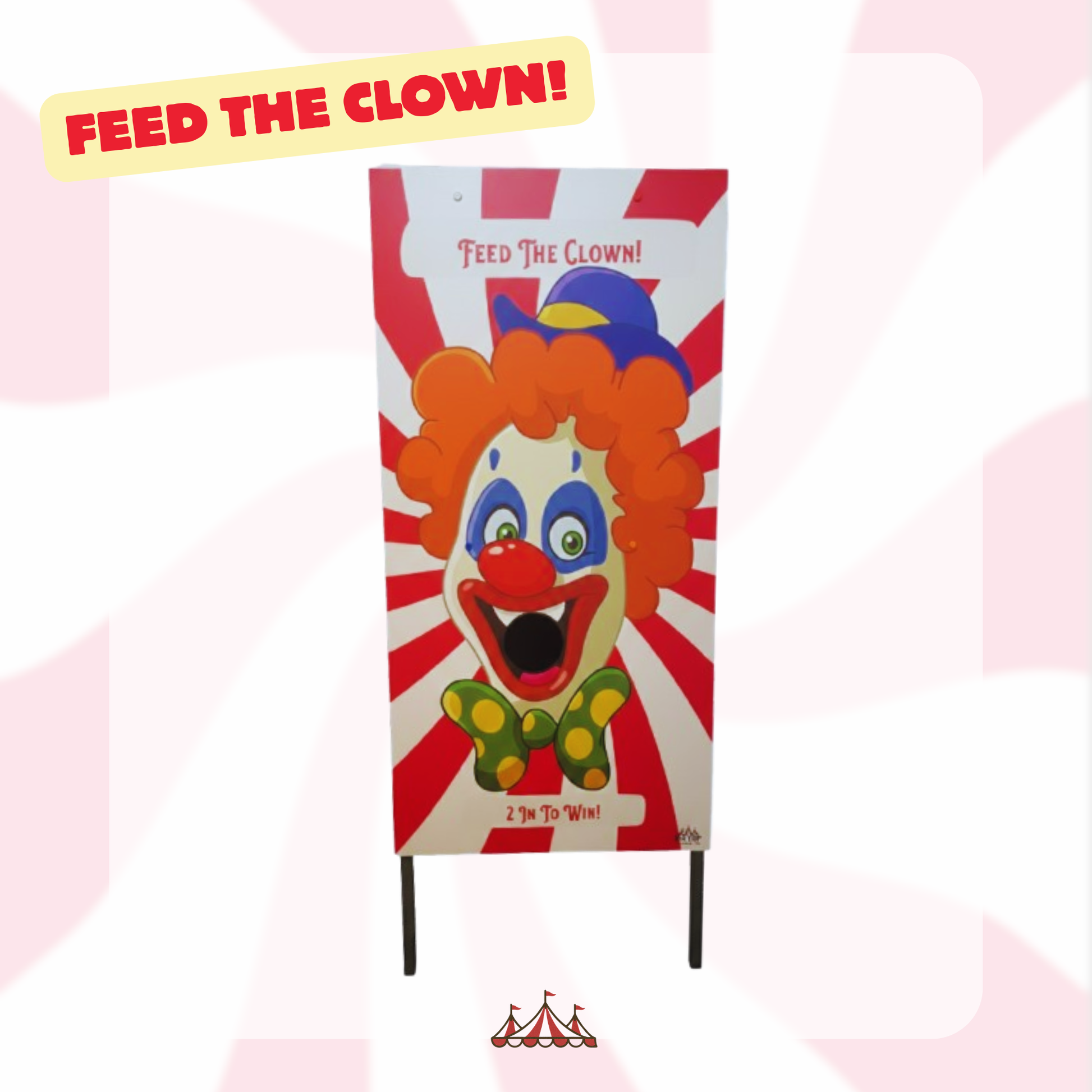 Colorful clown-themed standee with 'Feed the Clown!' text on a pink and white striped background.