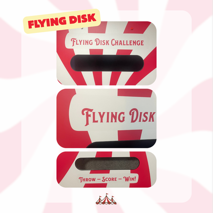 Red and white packaging for a flying disc game with text on a pink geometric patterned background.