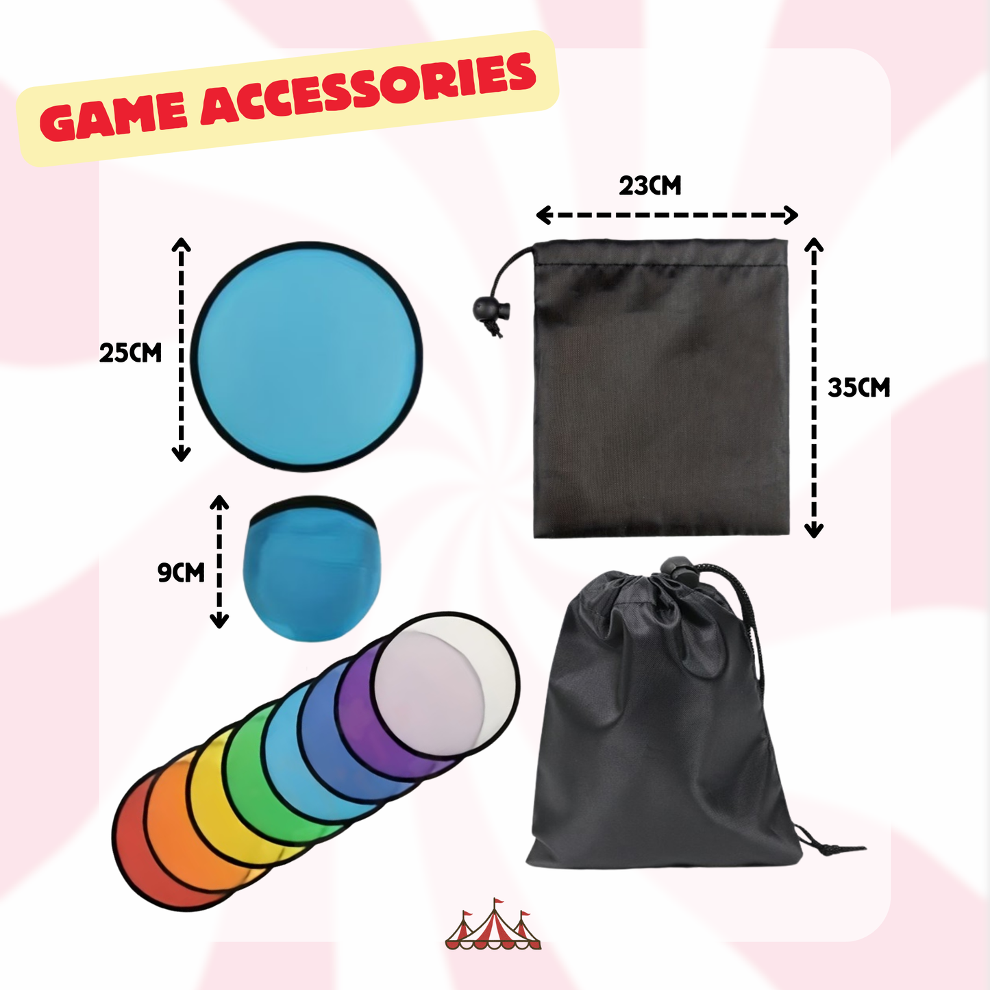 Game accessories including a blue disc, black drawstring bag, and rainbow-colored cylindrical object on a pink background.