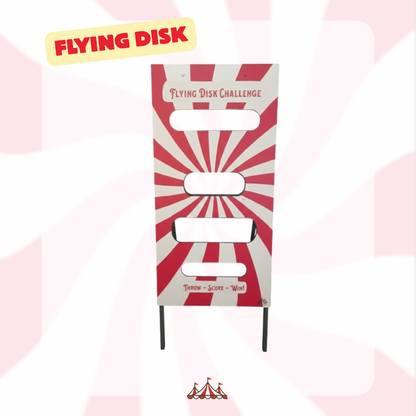 Red and white target with 'Flying Disk Challenge' text on a pink and white checkered background.