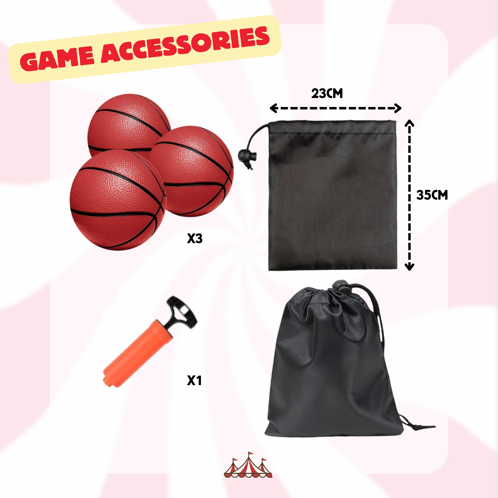 Game accessories including three basketballs, a black drawstring bag, and an orange pump on a pink background.