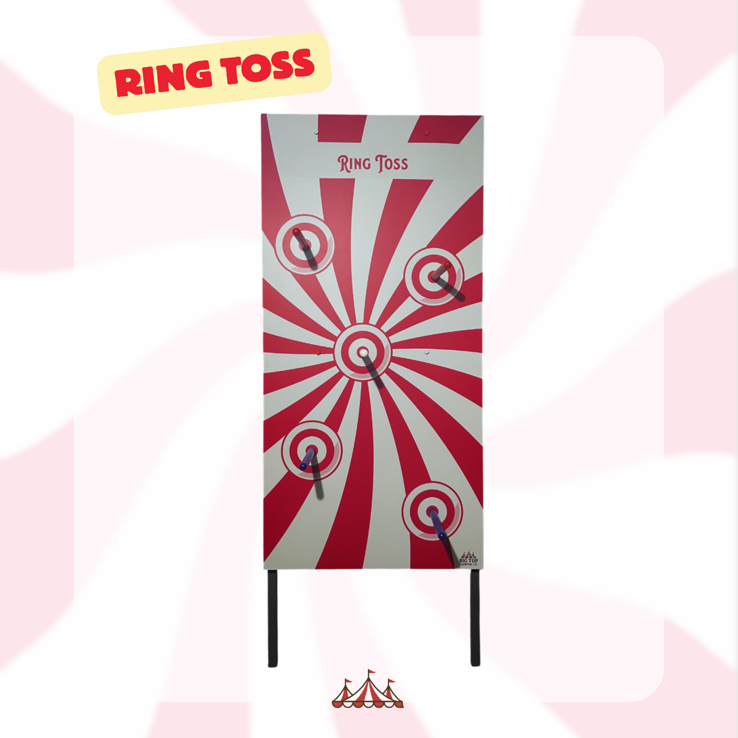 Ring toss game board with red and white design on a pink and white patterned background