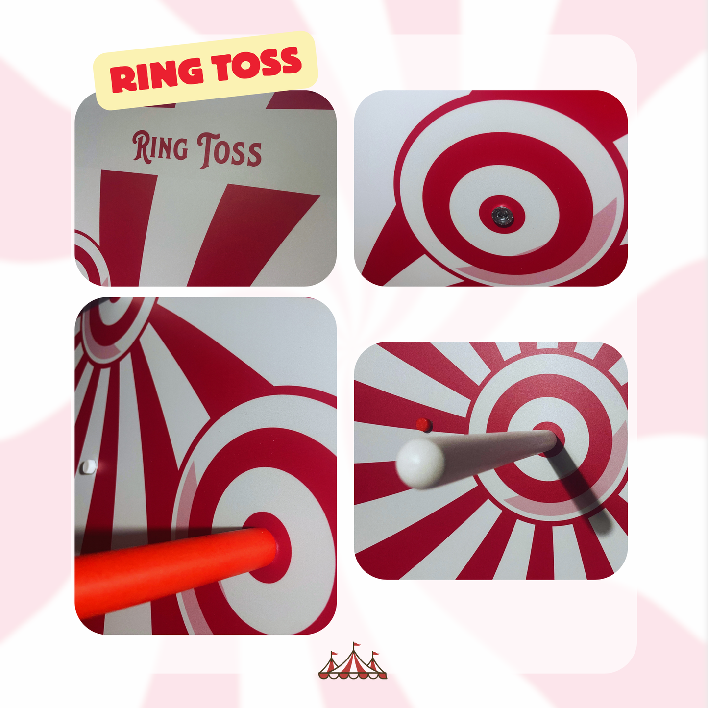 Ring toss game set with red and white targets and a red pole on a pink background.