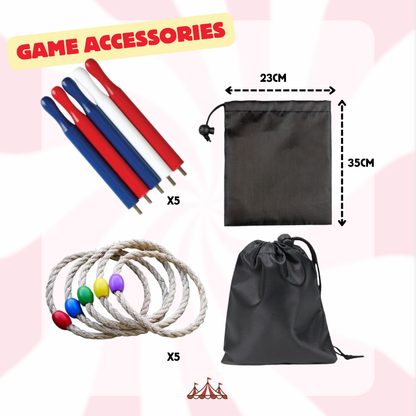 Game accessories including colorful sticks, a black drawstring bag, and colorful rings on a pink background.