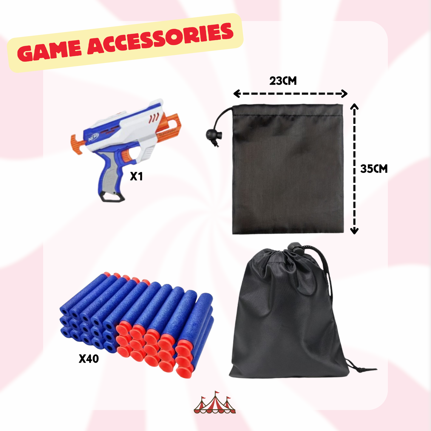 Game accessories set with dart gun, darts, and black drawstring bags on a pink background.