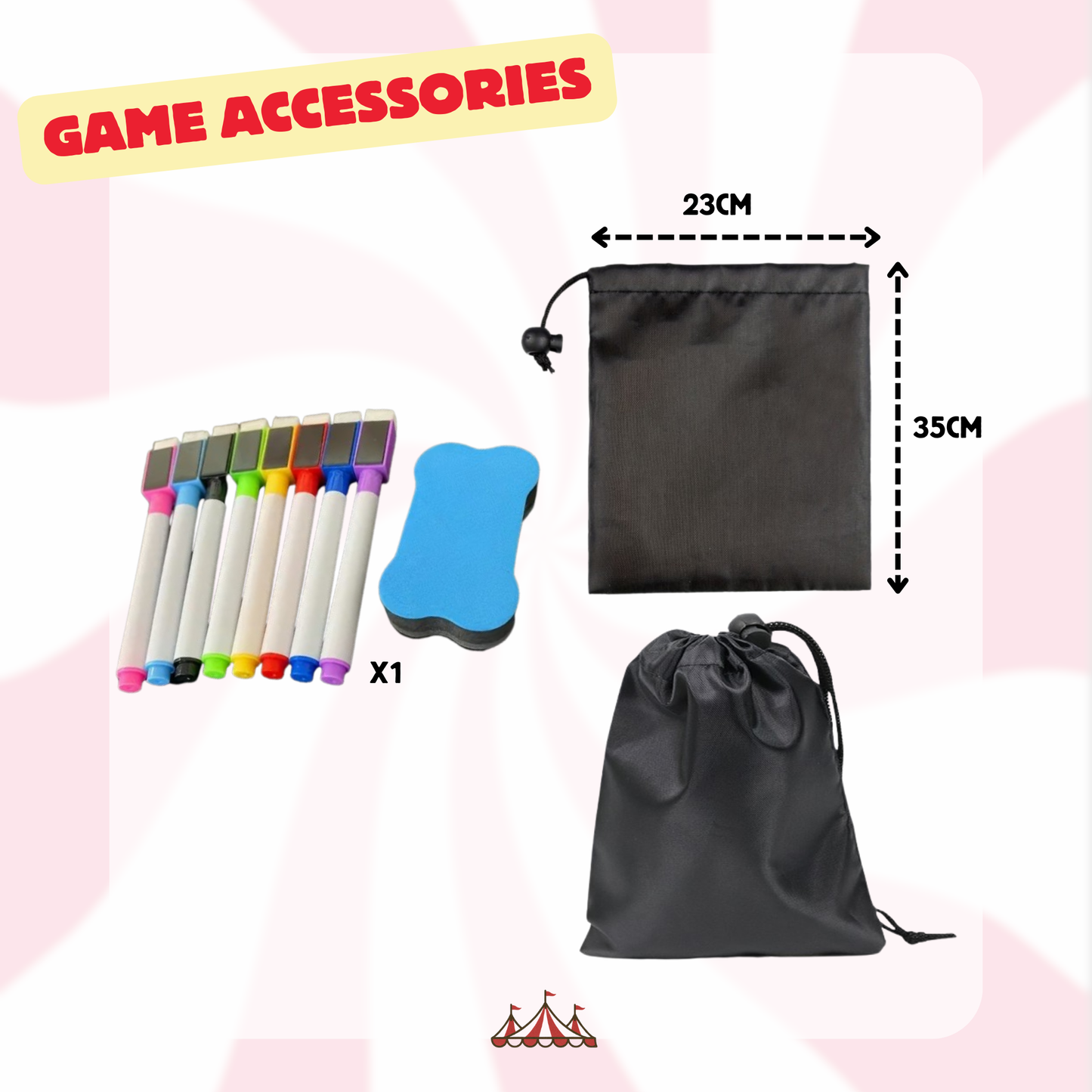 Game accessories including markers, a blue eraser, and black drawstring bags on a pink background with text indicating 'Game Accessories'.