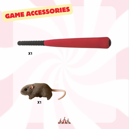 Red and black bat and toy rat on a pink geometric patterned background with 'Game Accessories' text.