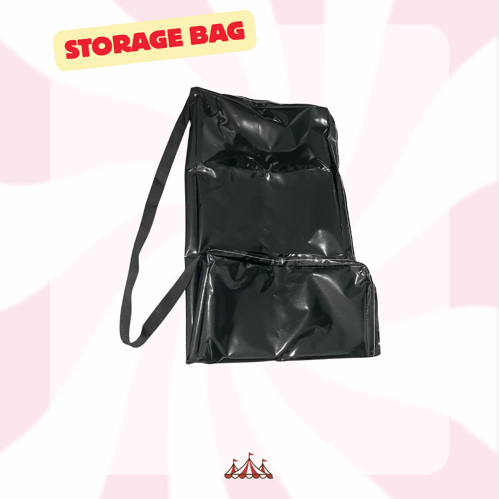 Custom waterproof black PVC transport bag for carnival games by Big Top Carnival Co., featuring a long, durable black nylon shoulder strap for easy carrying.