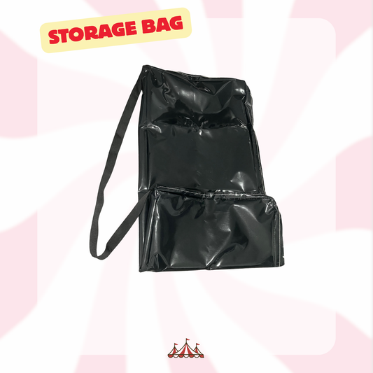 Custom waterproof black PVC transport bag for carnival games by Big Top Carnival Co., featuring a long, durable black nylon shoulder strap for easy carrying.