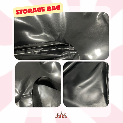 Close-up details of the Big Top Carnival storage bag showing the heavy-duty zipper, reinforced white stitching, and the textured interior of the 620g gloss PVC material